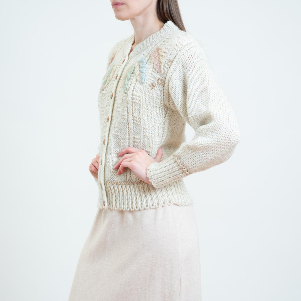 Vintage 80s Embroidered Leaf Cardigan - Small | Boho Hand-Knit Button Up Sweater