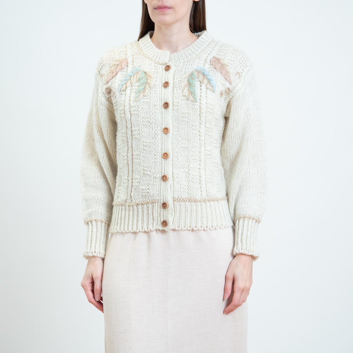 Vintage 80s Embroidered Leaf Cardigan - Small | Boho Hand-Knit Button Up Sweater
