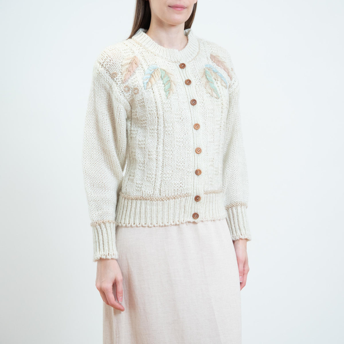 Vintage 80s Embroidered Leaf Cardigan - Small | Boho Hand-Knit Button Up Sweater