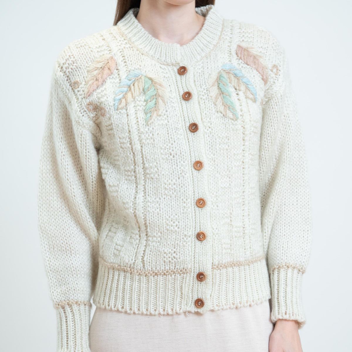 Vintage 80s Embroidered Leaf Cardigan - Small | Boho Hand-Knit Button Up Sweater