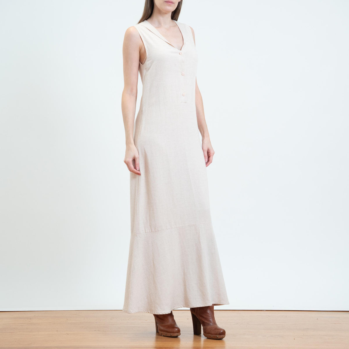 Vintage Y2K Light Blush Sleeveless Maxi Dress - Small | Minimalist Trumpet Hem Pinafore