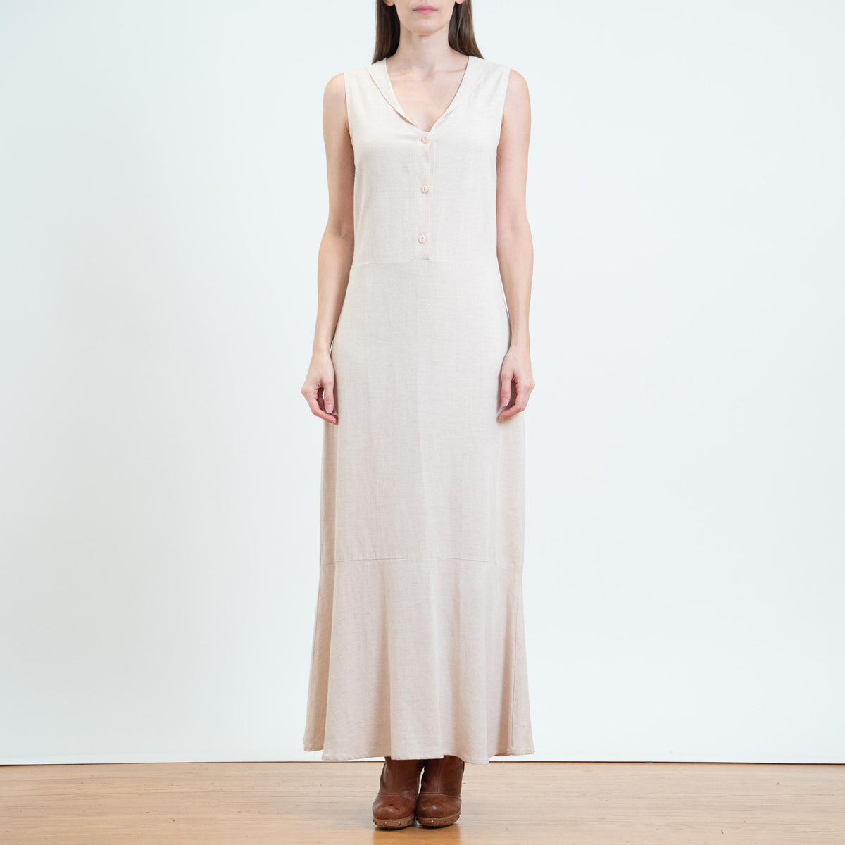 Vintage Y2K Light Blush Sleeveless Maxi Dress - Small | Minimalist Trumpet Hem Pinafore