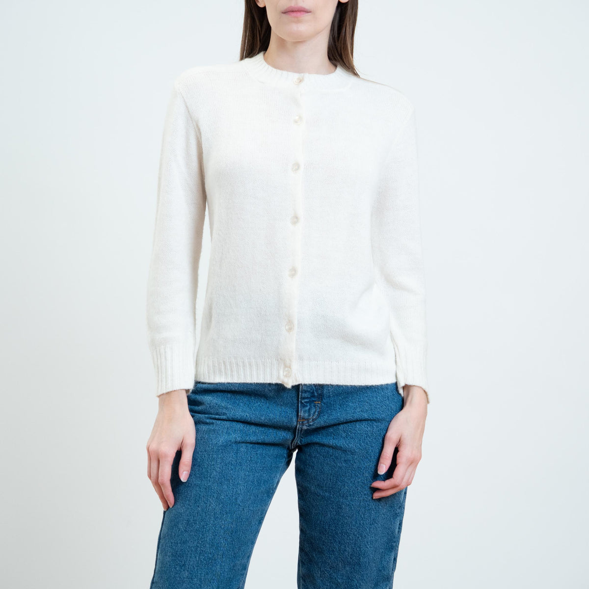 Vintage 70s Soft White Knit Cardigan - Medium | Plain Button Up Sweater