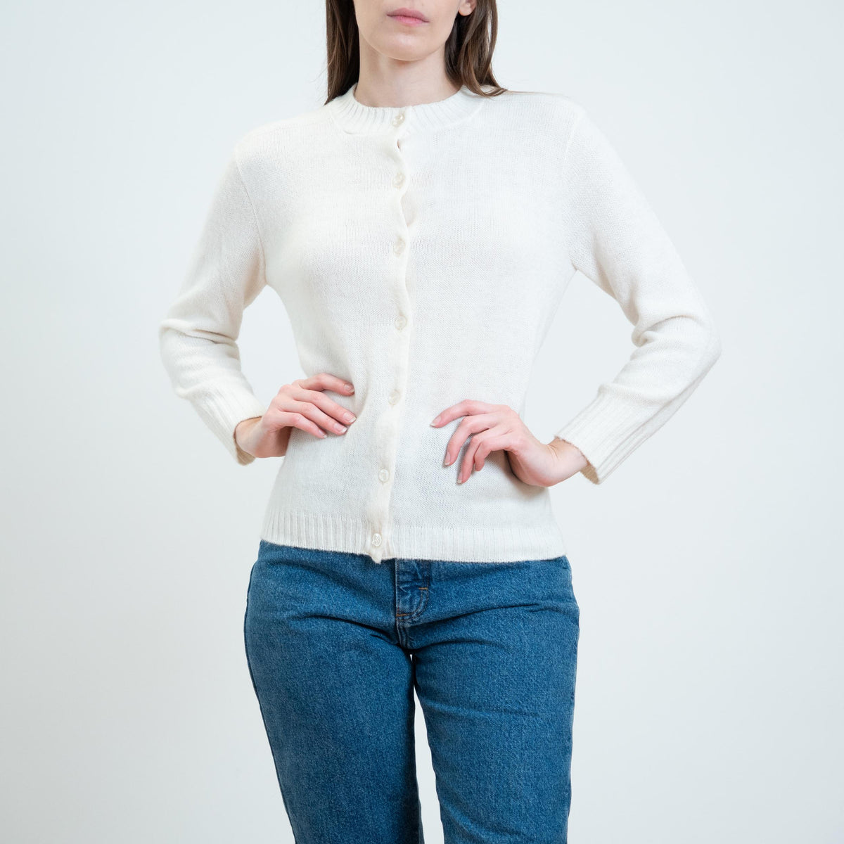 Vintage 70s Soft White Knit Cardigan - Medium | Plain Button Up Sweater