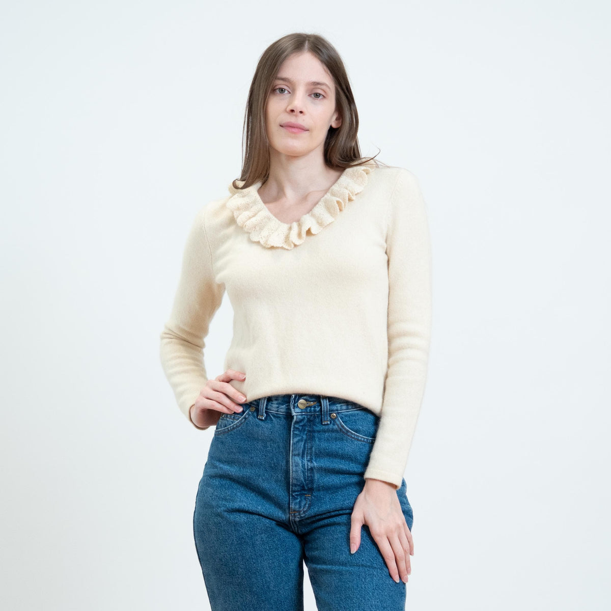Vintage Y2K Ralph Lauren Cream Angora Cashmere Ruffle Collar Sweater - Small | LRL Preppy Knit Pullover Sweater