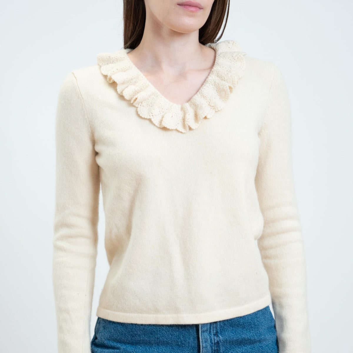 Vintage Y2K Ralph Lauren Cream Angora Cashmere Ruffle Collar Sweater - Small | LRL Preppy Knit Pullover Sweater
