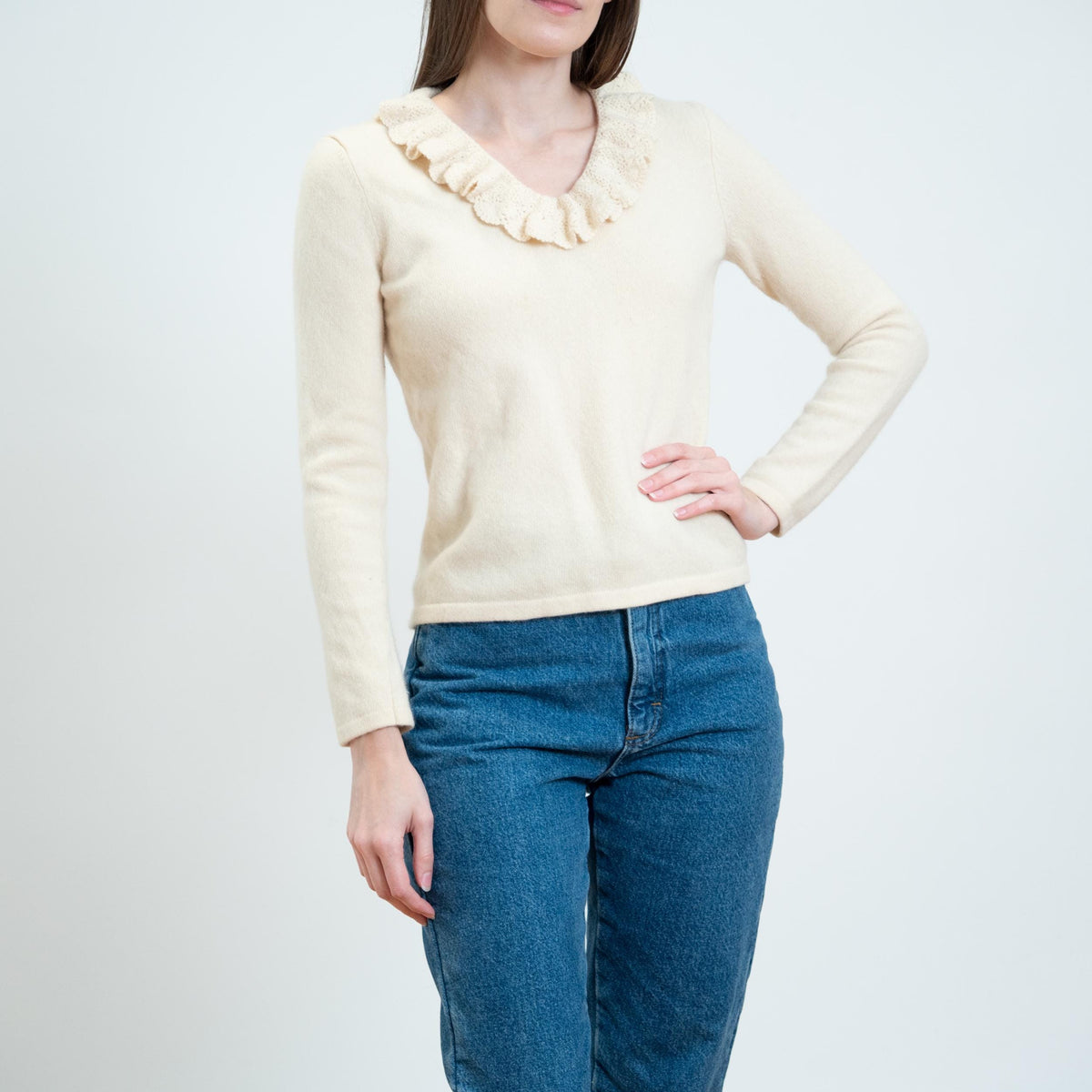 Vintage Y2K Ralph Lauren Cream Angora Cashmere Ruffle Collar Sweater - Small | LRL Preppy Knit Pullover Sweater