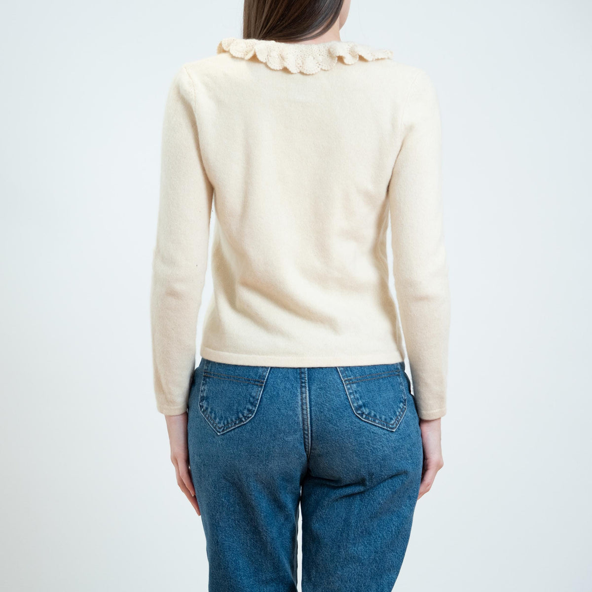 Vintage Y2K Ralph Lauren Cream Angora Cashmere Ruffle Collar Sweater - Small | LRL Preppy Knit Pullover Sweater