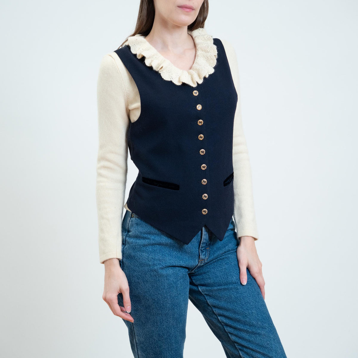 Vintage 90s Navy Wool Suit Vest - Small to Medium | Button Up Sleeveless Layering Top
