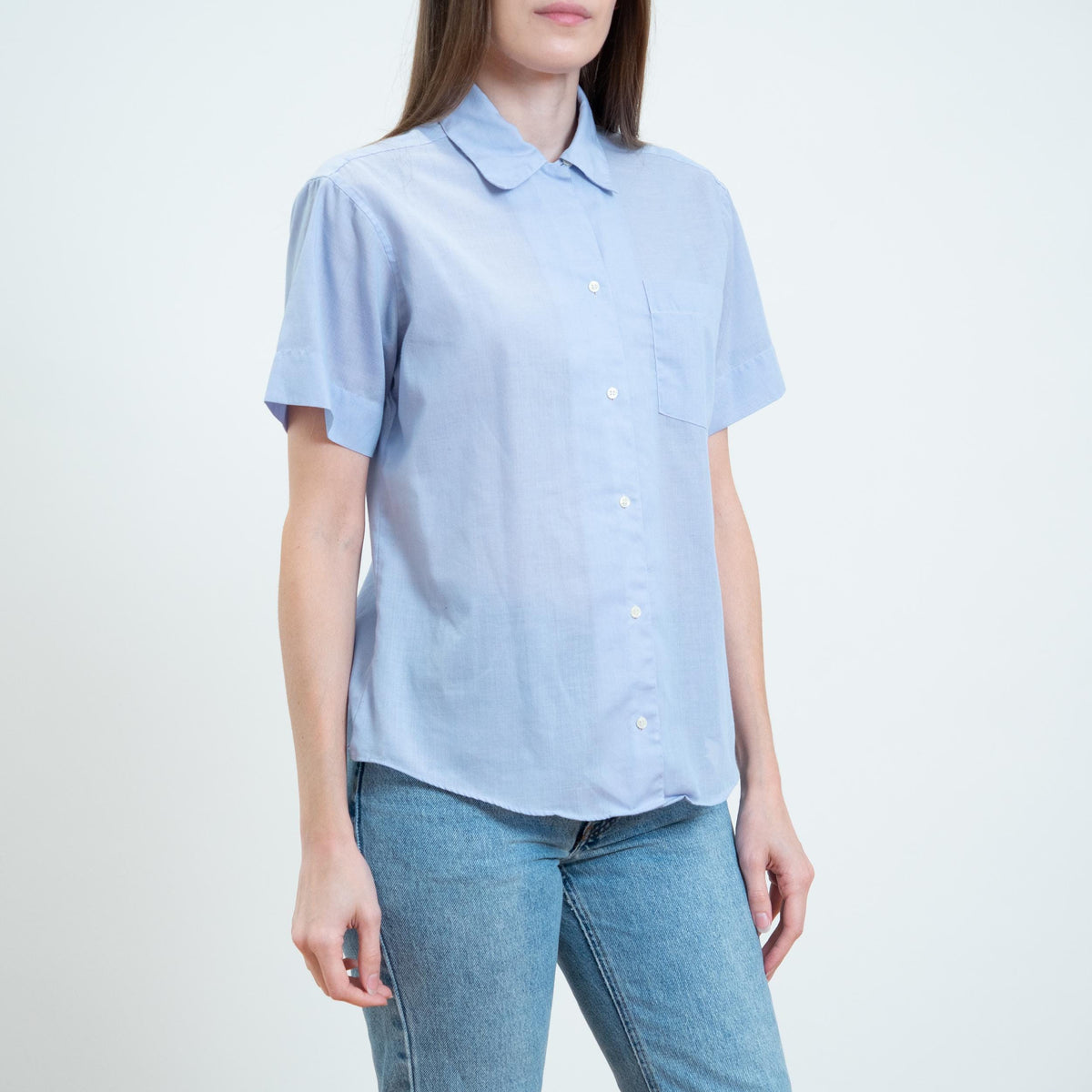Vintage 90s Periwinkle Loop Collar Button Up Shirt - Large | Lightweight Collared Short Sleeve Blouse