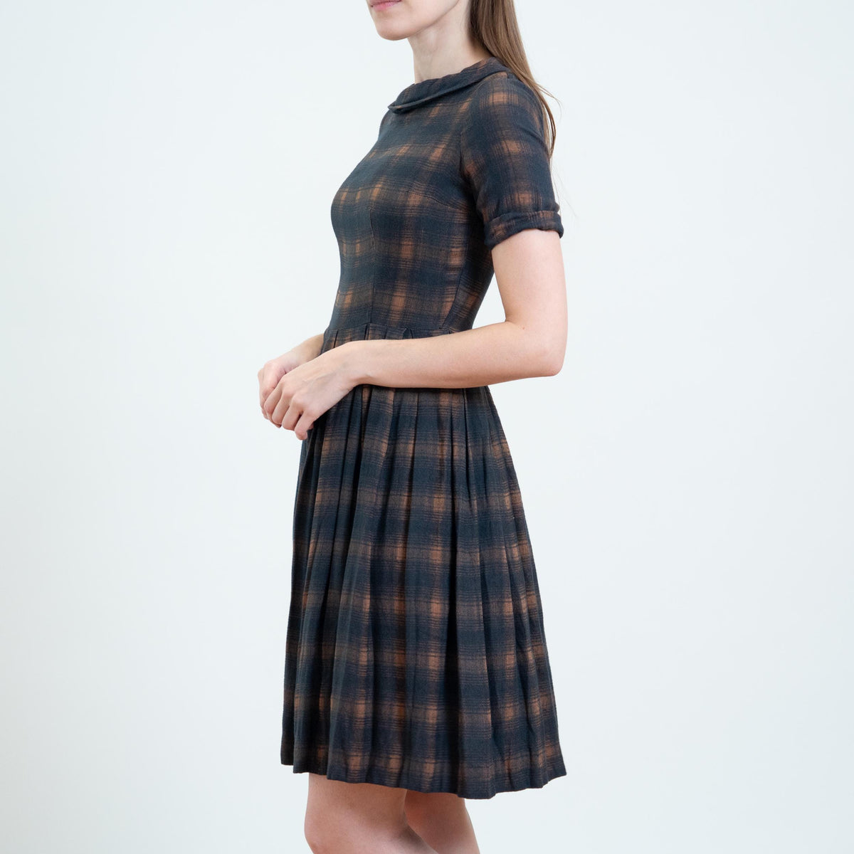 Vintage 50s Dark Plaid Soft Flannel Day Dress - Extra Small | Retro Fit & Flare Mini Dress