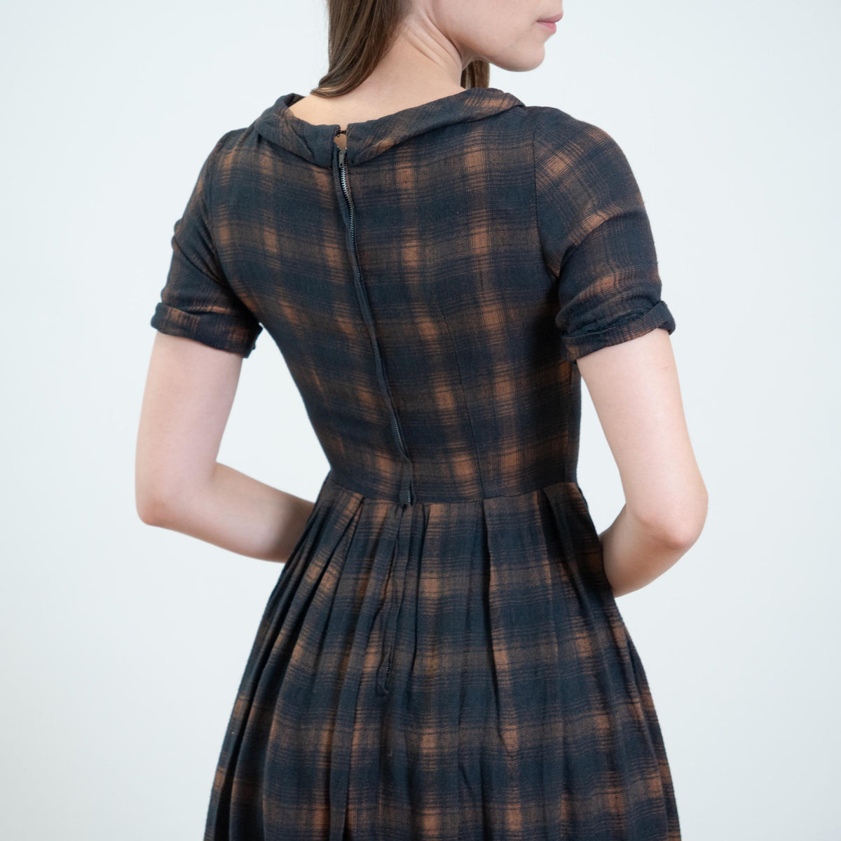 Vintage 50s Dark Plaid Soft Flannel Day Dress - Extra Small | Retro Fit & Flare Mini Dress