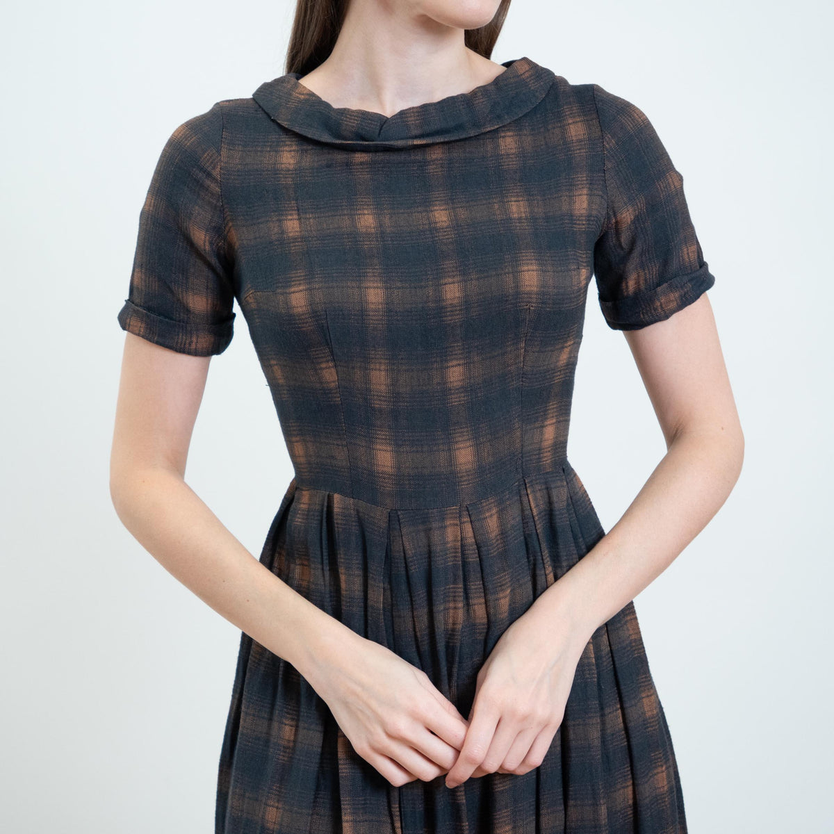 Vintage 50s Dark Plaid Soft Flannel Day Dress - Extra Small | Retro Fit & Flare Mini Dress