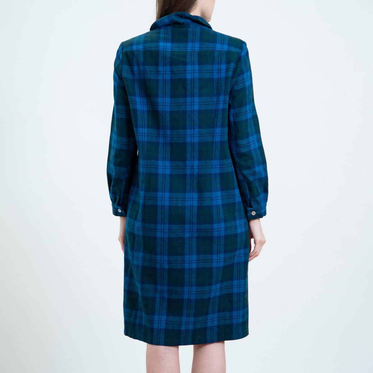 Vintage 70s Pendleton Blue Plaid Wool Shirtdress - Medium | Long Sleeve A Line Midi Dress
