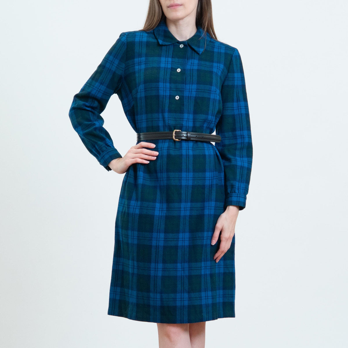 Vintage 70s Pendleton Blue Plaid Wool Shirtdress - Medium | Long Sleeve A Line Midi Dress