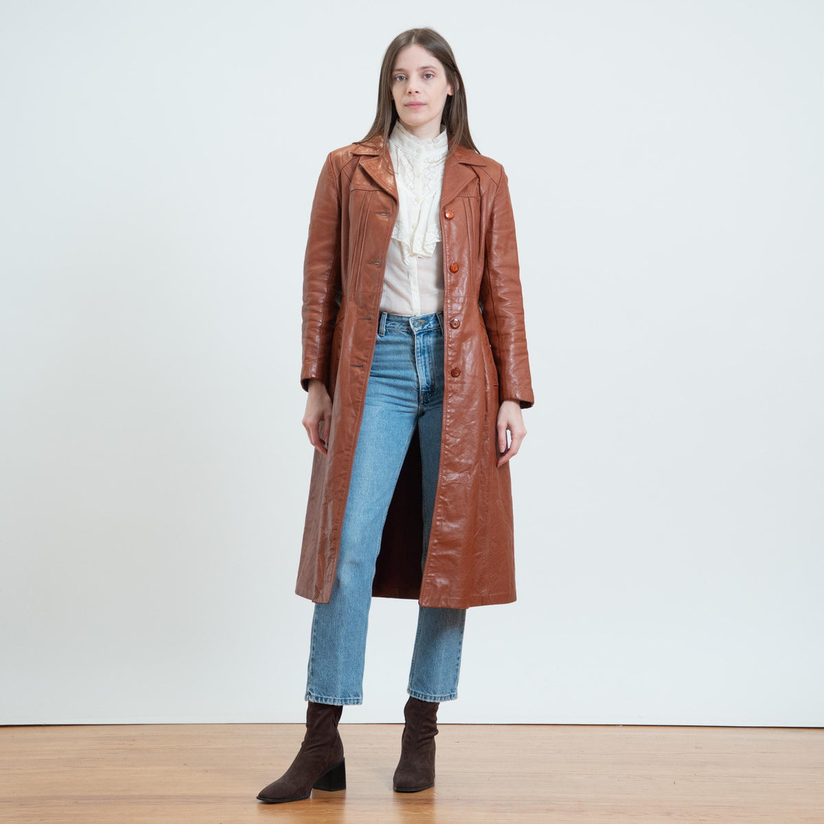 Vintage 70s Cognac Brown Leather Belted Trench - XS to Small | Boho Button Up Notched Collar Long Jacket