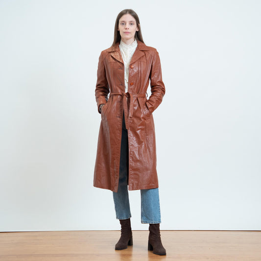 Vintage 70s Cognac Brown Leather Belted Trench - XS to Small | Boho Button Up Notched Collar Long Jacket