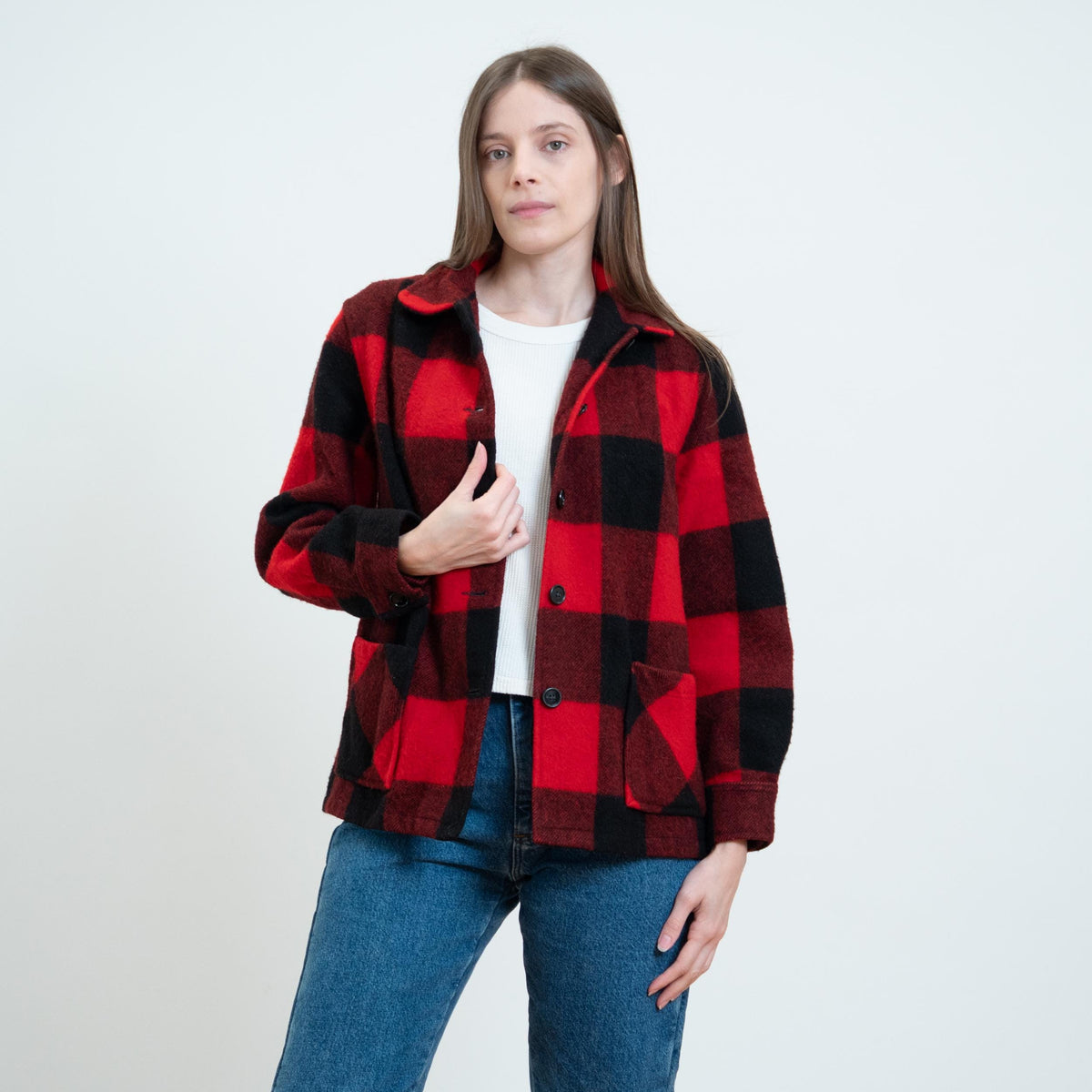 Vintage 60s Buffalo Plaid Wool Jacket - Petite Medium | Black & Red Lumberjack Mackinaw Shacket