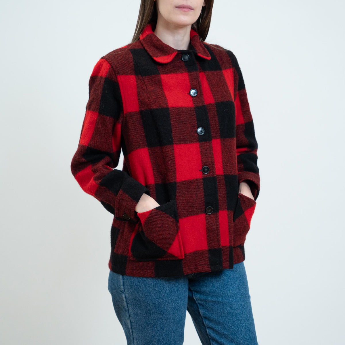 Vintage 60s Buffalo Plaid Wool Jacket - Petite Medium | Black & Red Lumberjack Mackinaw Shacket