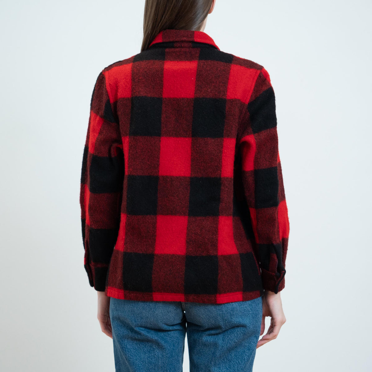 Vintage 60s Buffalo Plaid Wool Jacket - Petite Medium | Black & Red Lumberjack Mackinaw Shacket
