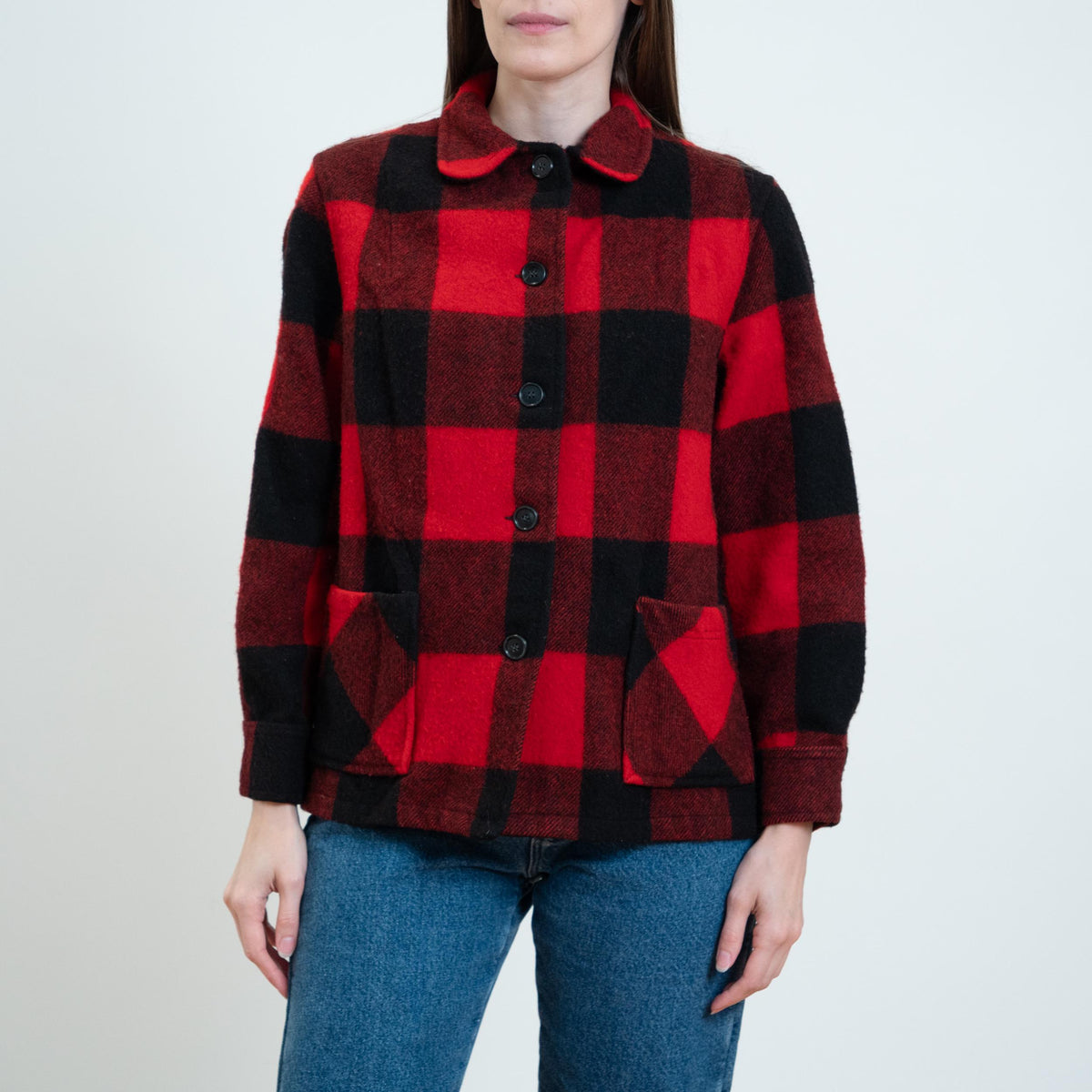 Vintage 60s Buffalo Plaid Wool Jacket - Petite Medium | Black & Red Lumberjack Mackinaw Shacket