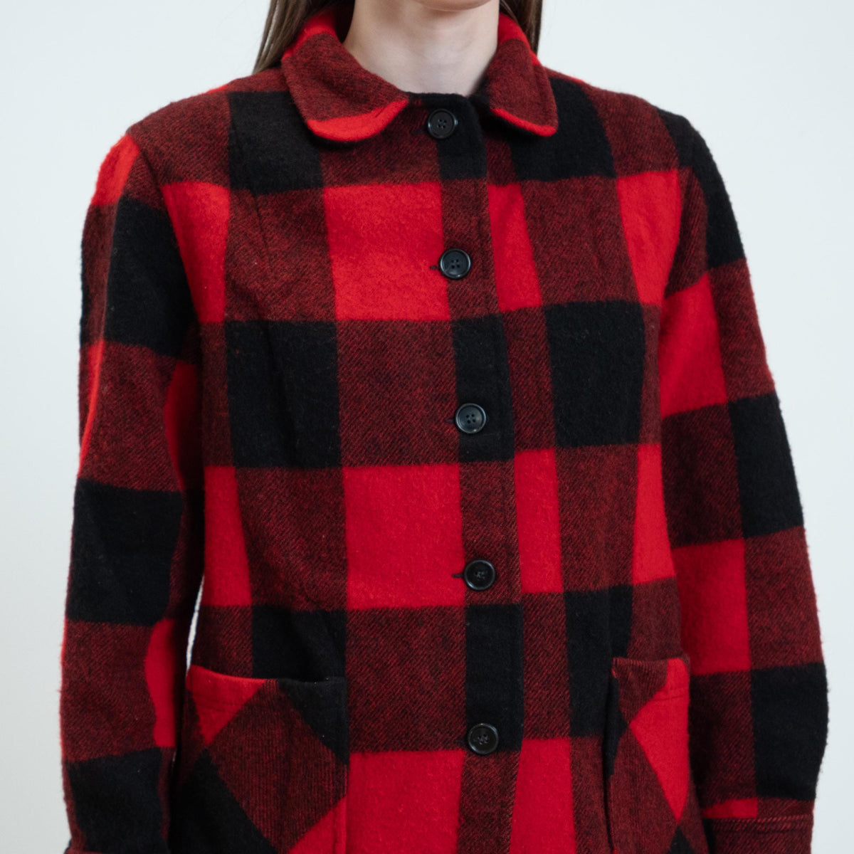 Vintage 60s Buffalo Plaid Wool Jacket - Petite Medium | Black & Red Lumberjack Mackinaw Shacket