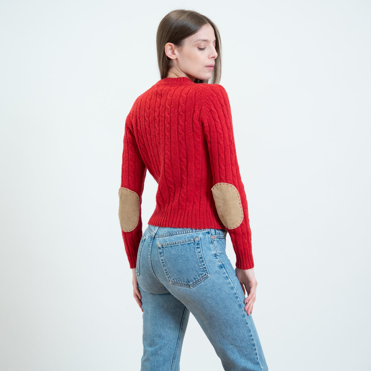Vintage 90s Cherry Red Elbow Patch Sweater - Small | Lands’ End Cable Knit Pullover