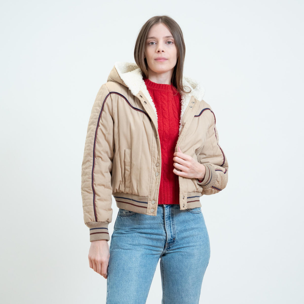 Vintage 80s Khaki Sherpa Lined Hooded Ski Jacket - Medium | Cropped Puffer Winter Coat