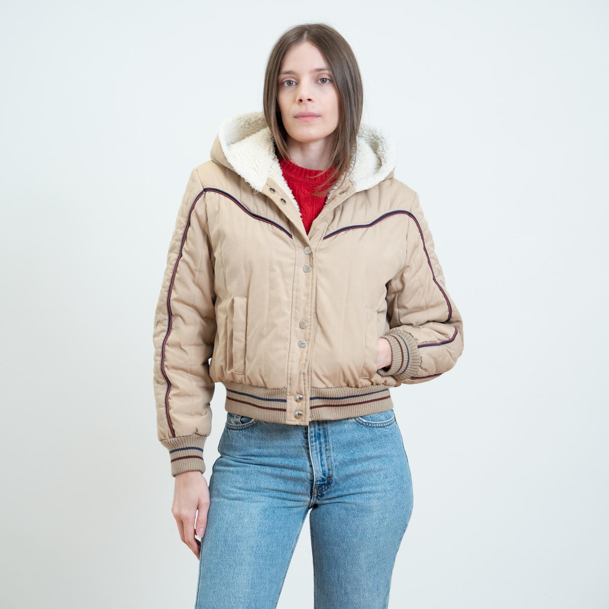Vintage 80s Khaki Sherpa Lined Hooded Ski Jacket - Medium | Cropped Puffer Winter Coat