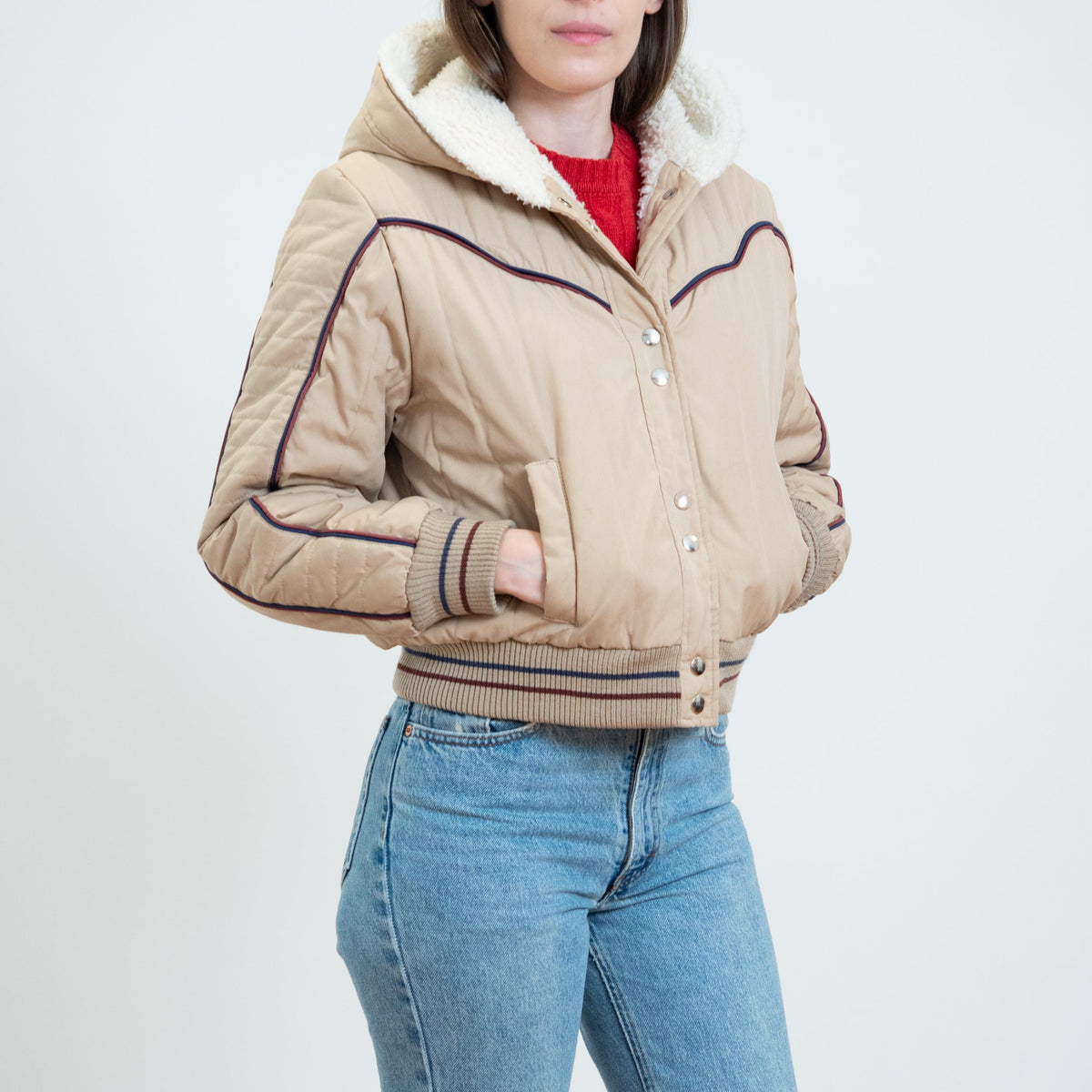 Vintage 80s Khaki Sherpa Lined Hooded Ski Jacket - Medium | Cropped Puffer Winter Coat
