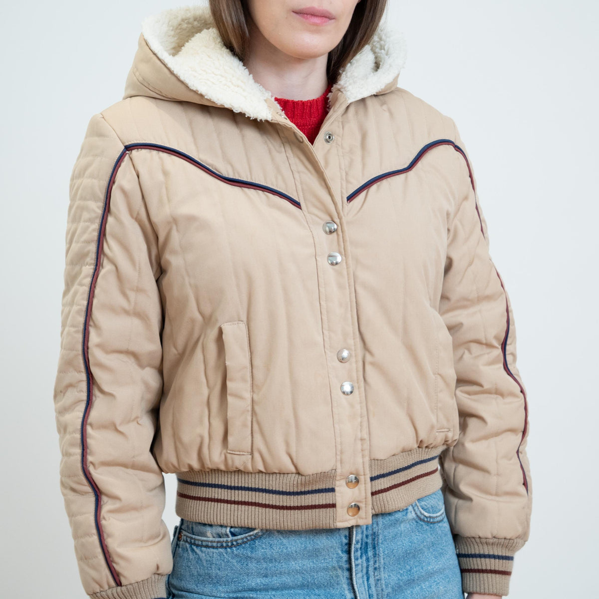 Vintage 80s Khaki Sherpa Lined Hooded Ski Jacket - Medium | Cropped Puffer Winter Coat
