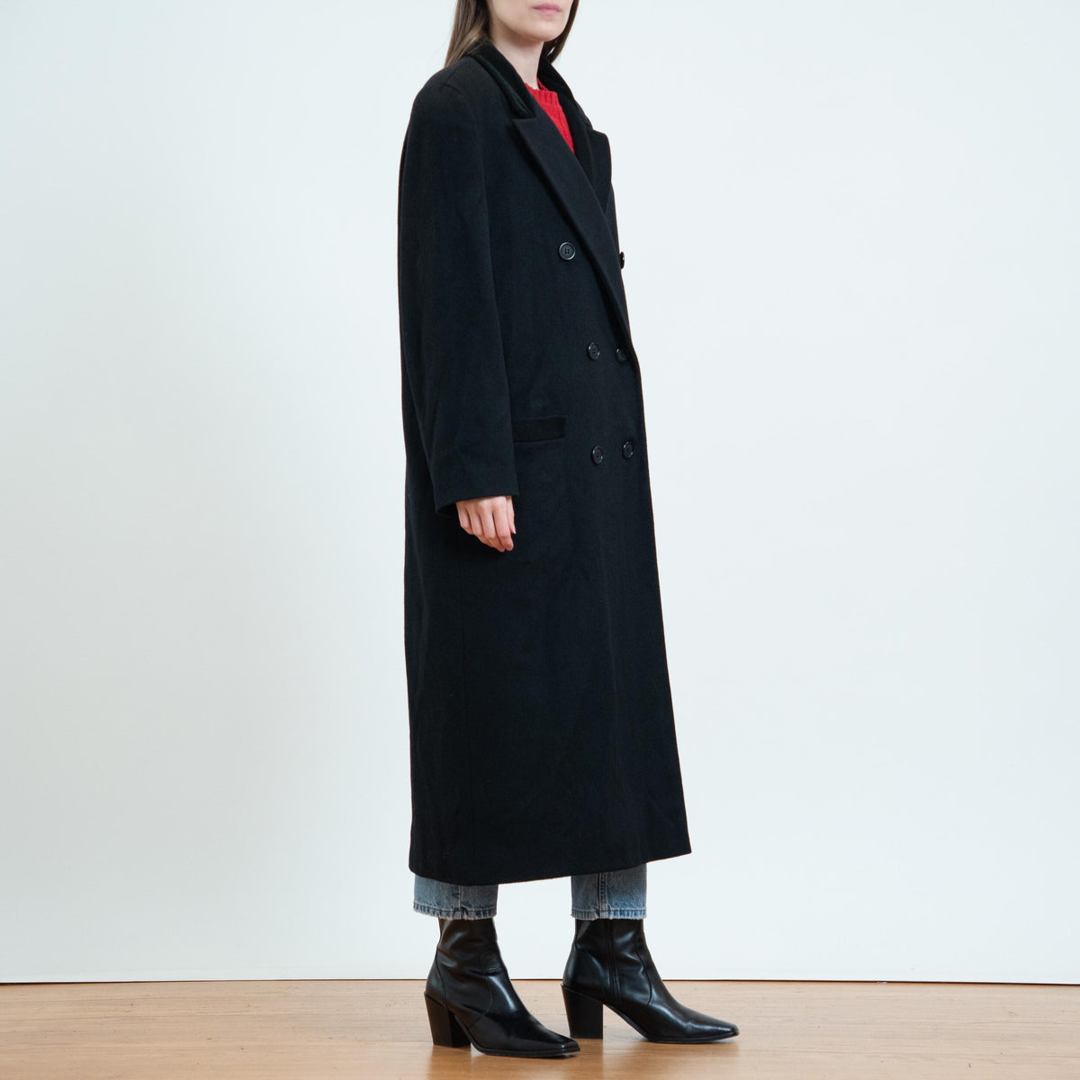 Vintage 80s Black Wool Velvet Collar Overcoat - Extra Large | Alorna Double Breasted Long Winter Coat