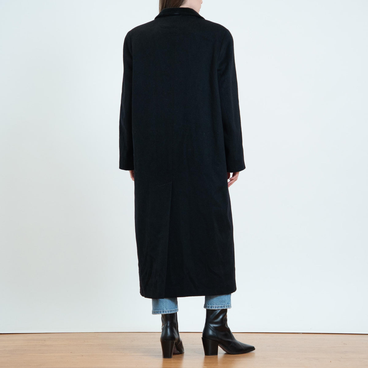 Vintage 80s Black Wool Velvet Collar Overcoat - Extra Large | Alorna Double Breasted Long Winter Coat