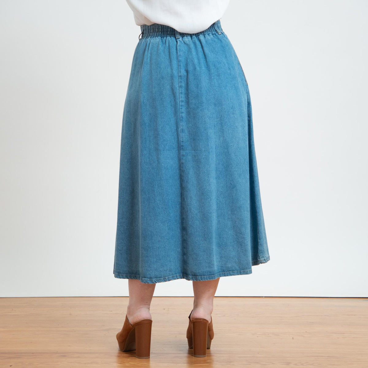 Vintage 90s Denim Button Front Pleated Midi Skirt - Medium to Large, 28"-32" Waist | High Waisted A Line Long Skirt