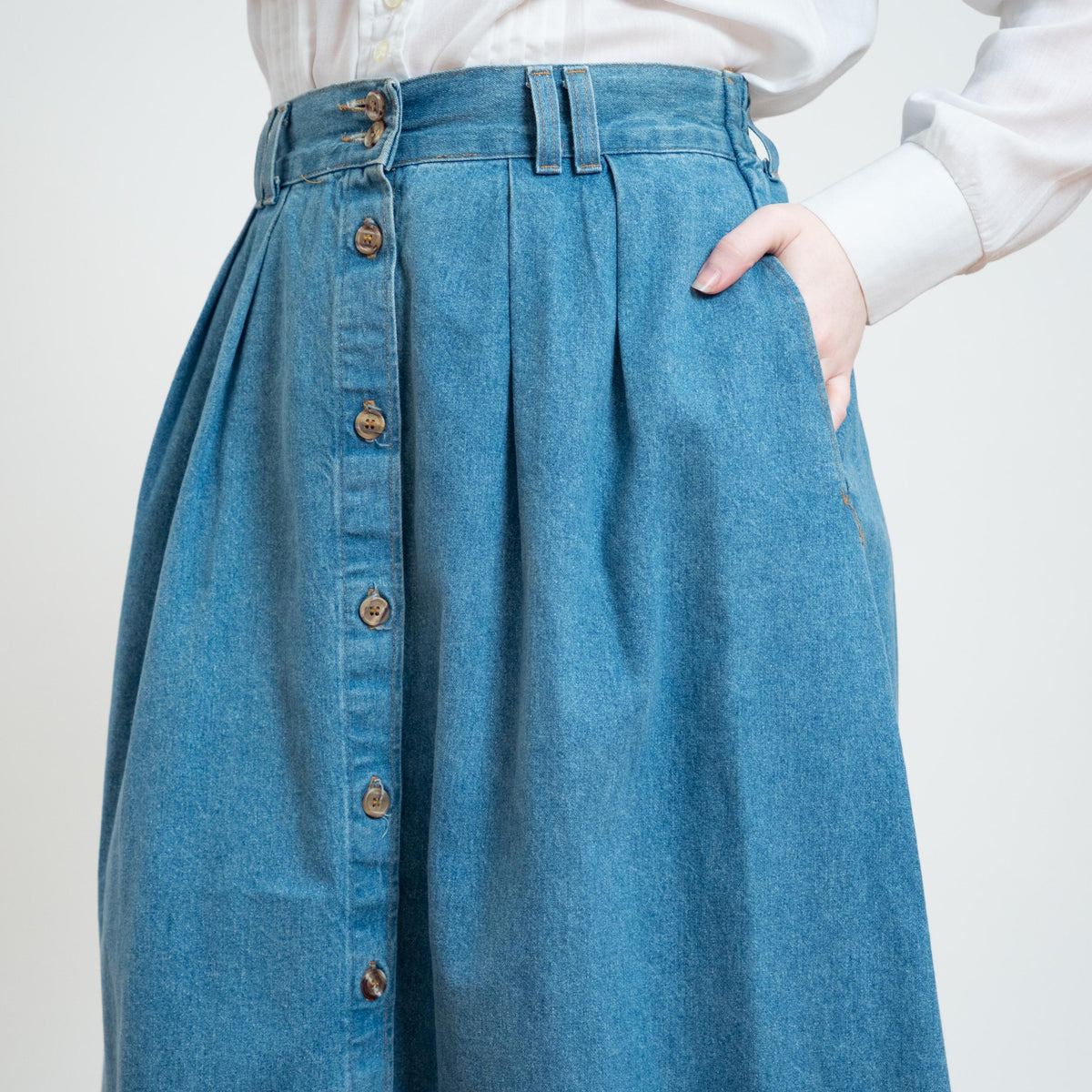 Vintage 90s Denim Button Front Pleated Midi Skirt - Medium to Large, 28"-32" Waist | High Waisted A Line Long Skirt