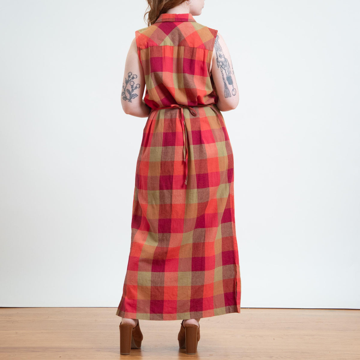 Vintage Y2K Sunset Plaid Linen Blend Maxi Dress - Extra Large | Sleeveless Tie Back Sundress