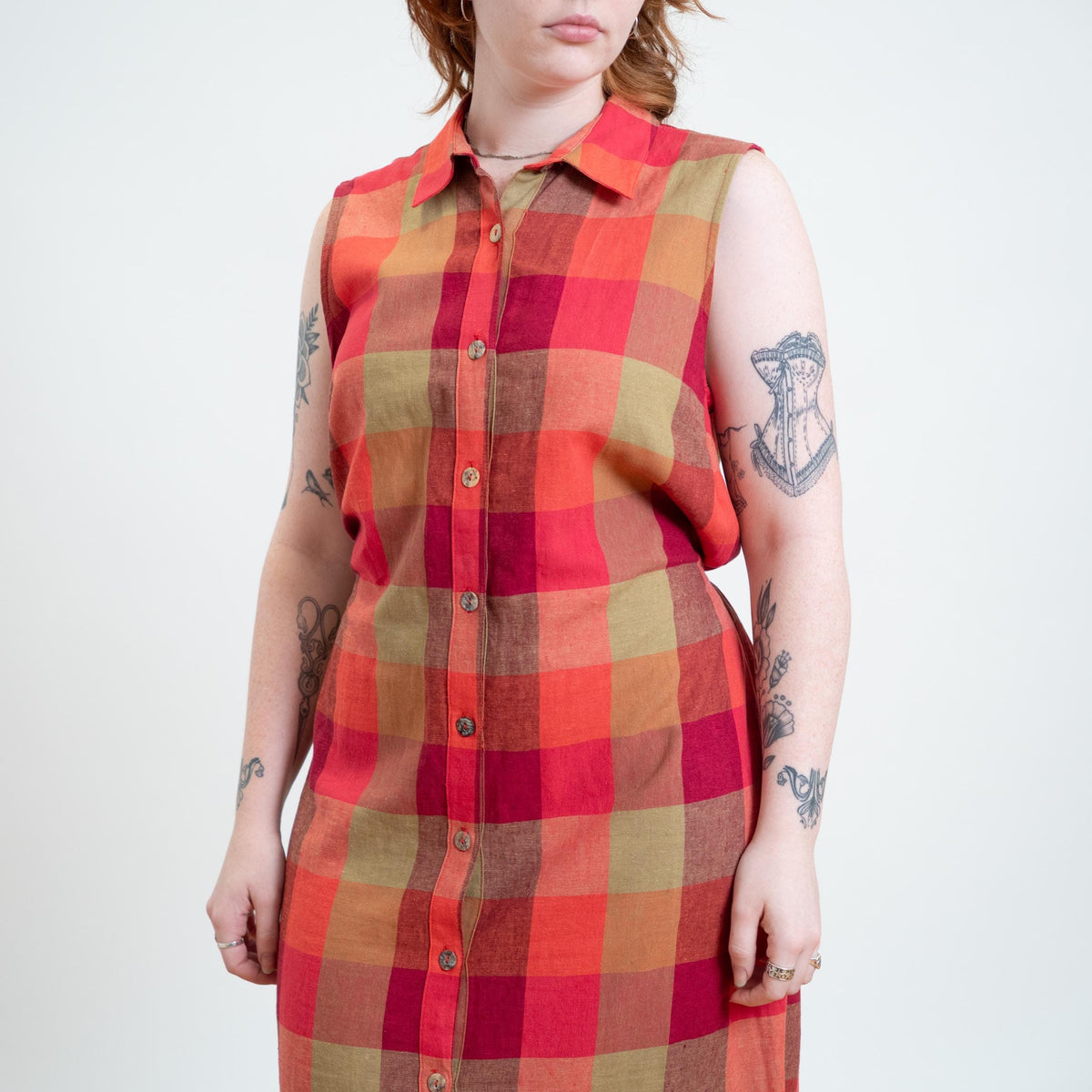 Vintage Y2K Sunset Plaid Linen Blend Maxi Dress - Extra Large | Sleeveless Tie Back Sundress