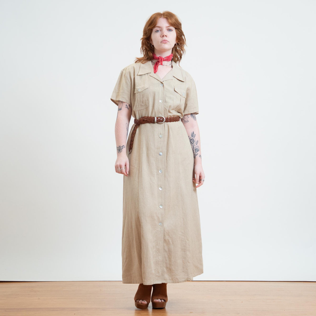 Vintage 90s Oatmeal Linen Maxi Shirtdress - Extra Large | Minimalist Button Front Dress