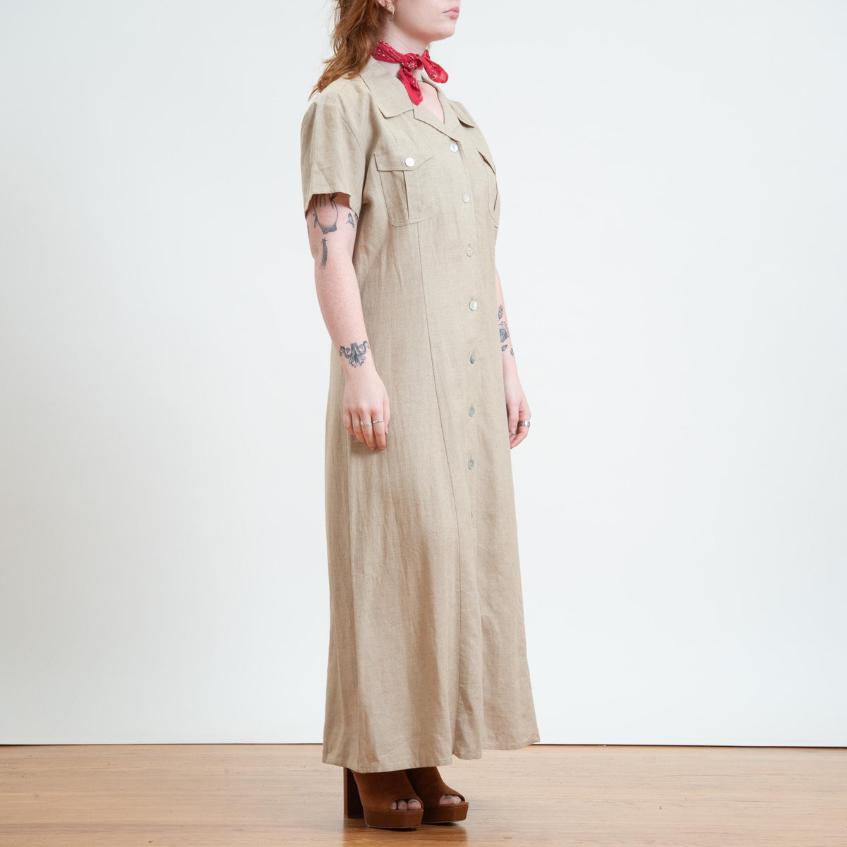 Vintage 90s Oatmeal Linen Maxi Shirtdress - Extra Large | Minimalist Button Front Dress