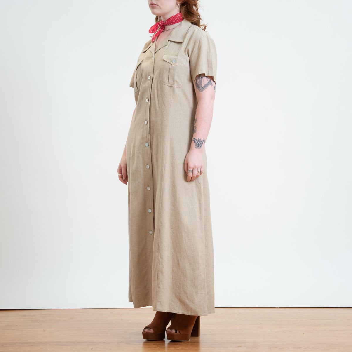 Vintage 90s Oatmeal Linen Maxi Shirtdress - Extra Large | Minimalist Button Front Dress