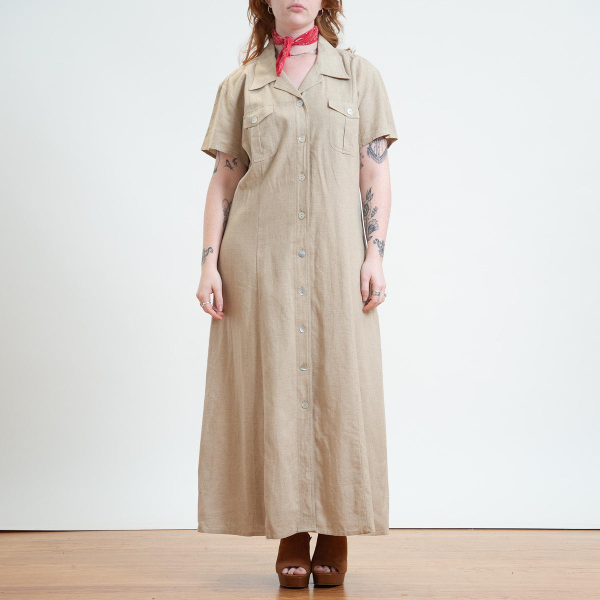 Vintage 90s Oatmeal Linen Maxi Shirtdress - Extra Large | Minimalist Button Front Dress