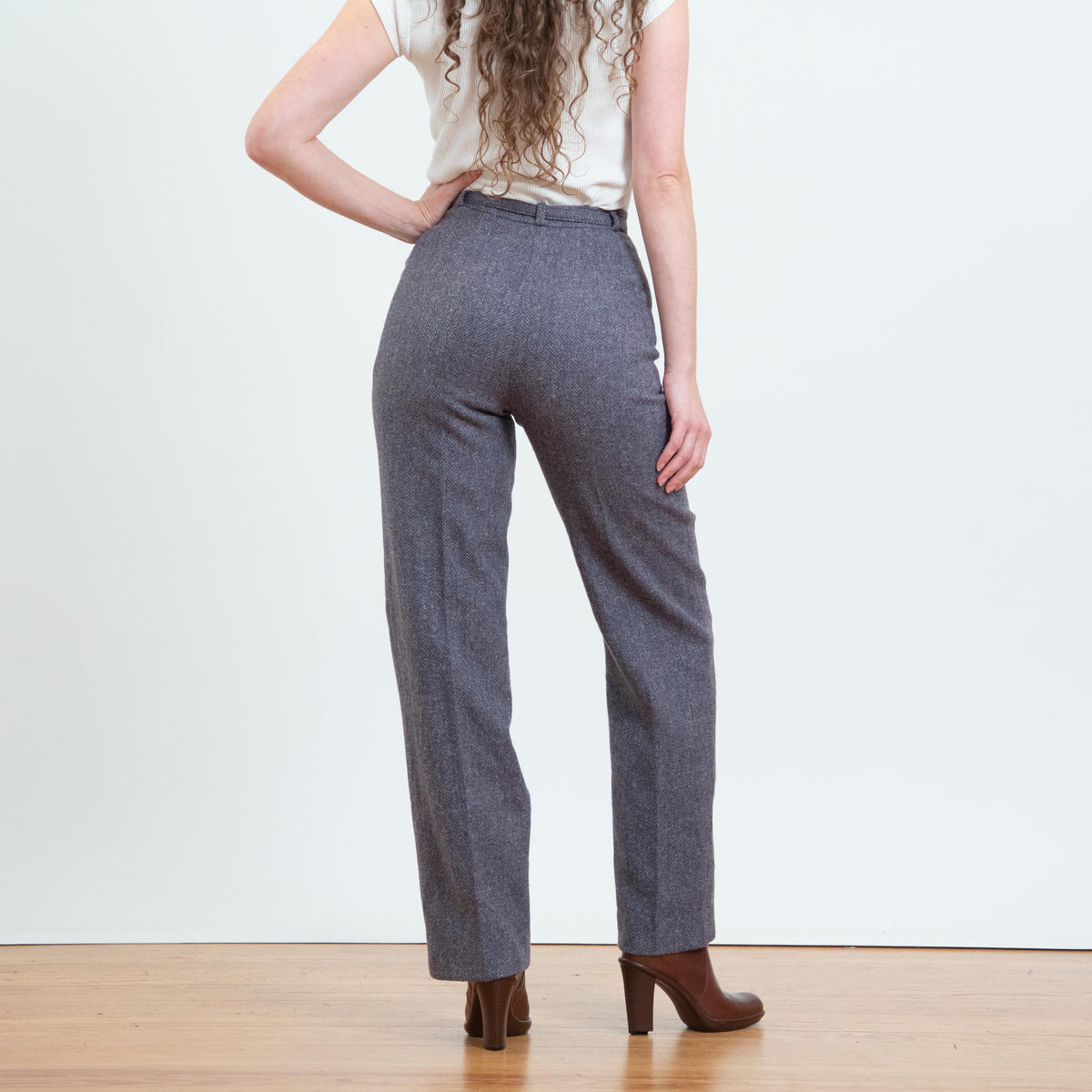 Vintage 80s Mauve Herringbone Tweed Belted Trousers - Small, 26” Waist | High Waisted Wool Straight Leg Pants