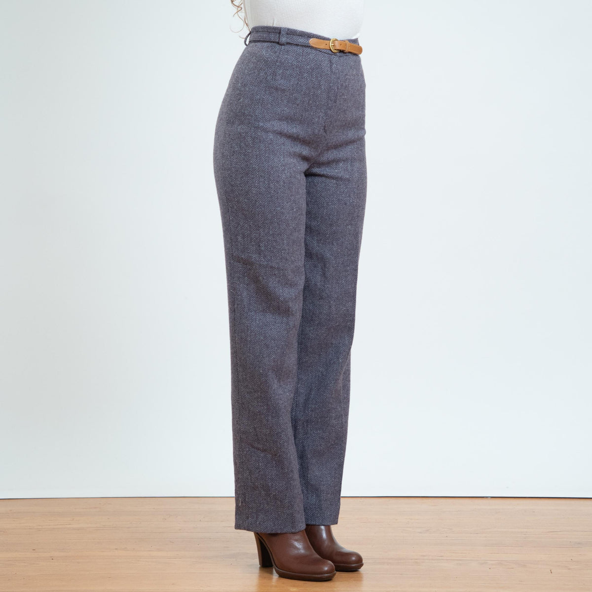 Vintage 80s Mauve Herringbone Tweed Belted Trousers - Small, 26” Waist | High Waisted Wool Straight Leg Pants