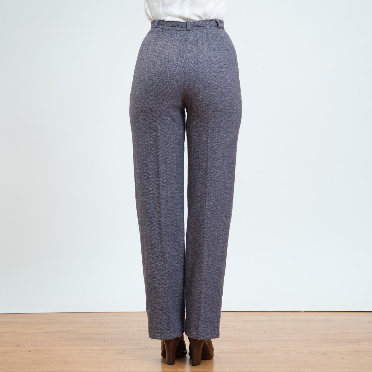 Vintage 80s Mauve Herringbone Tweed Belted Trousers - Small, 26” Waist | High Waisted Wool Straight Leg Pants