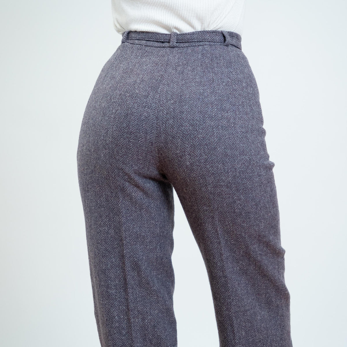 Vintage 80s Mauve Herringbone Tweed Belted Trousers - Small, 26” Waist | High Waisted Wool Straight Leg Pants