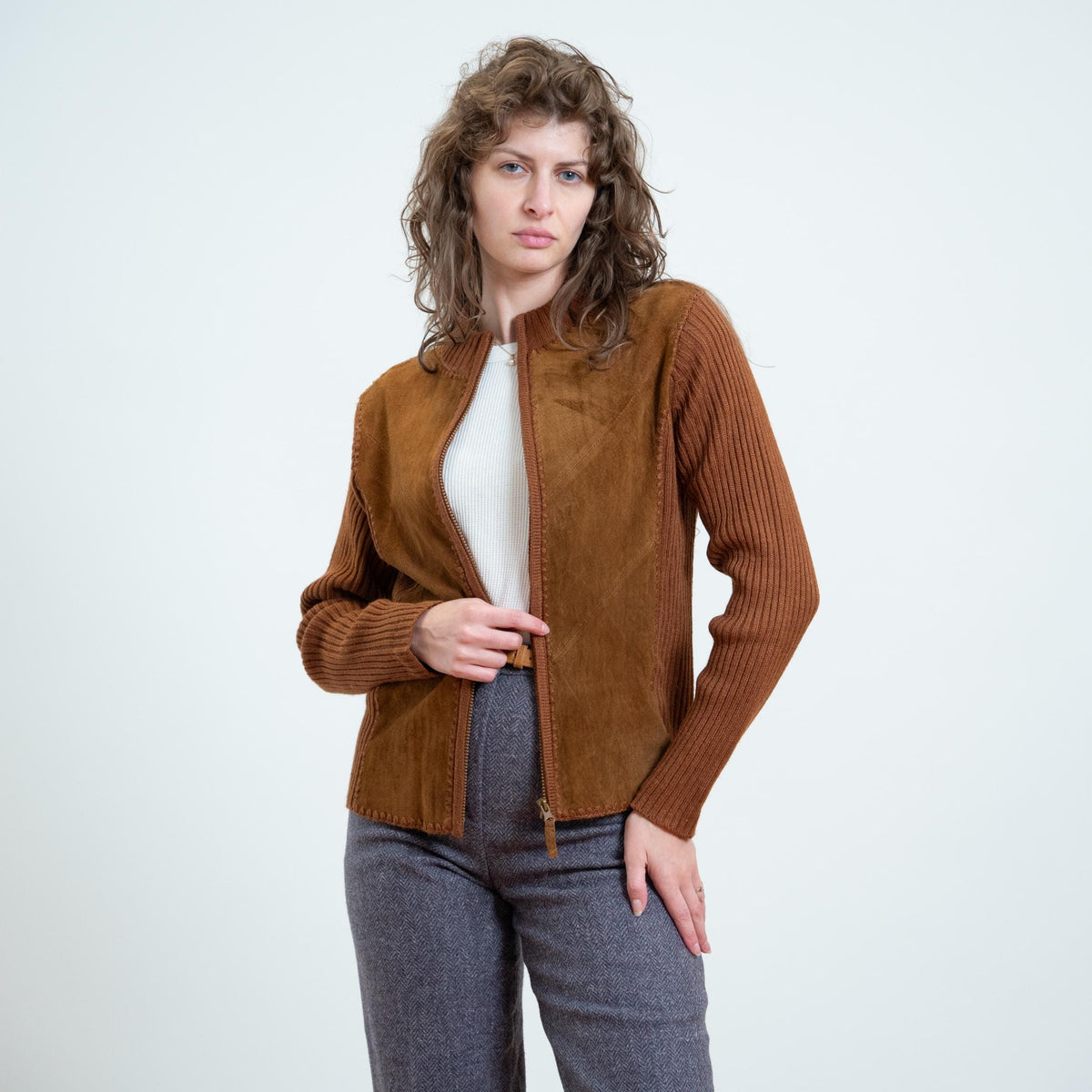 Vintage 90s Does 70s Brown Suede & Knit Cardigan - Medium | Leather Zip Up Sweater Jacket