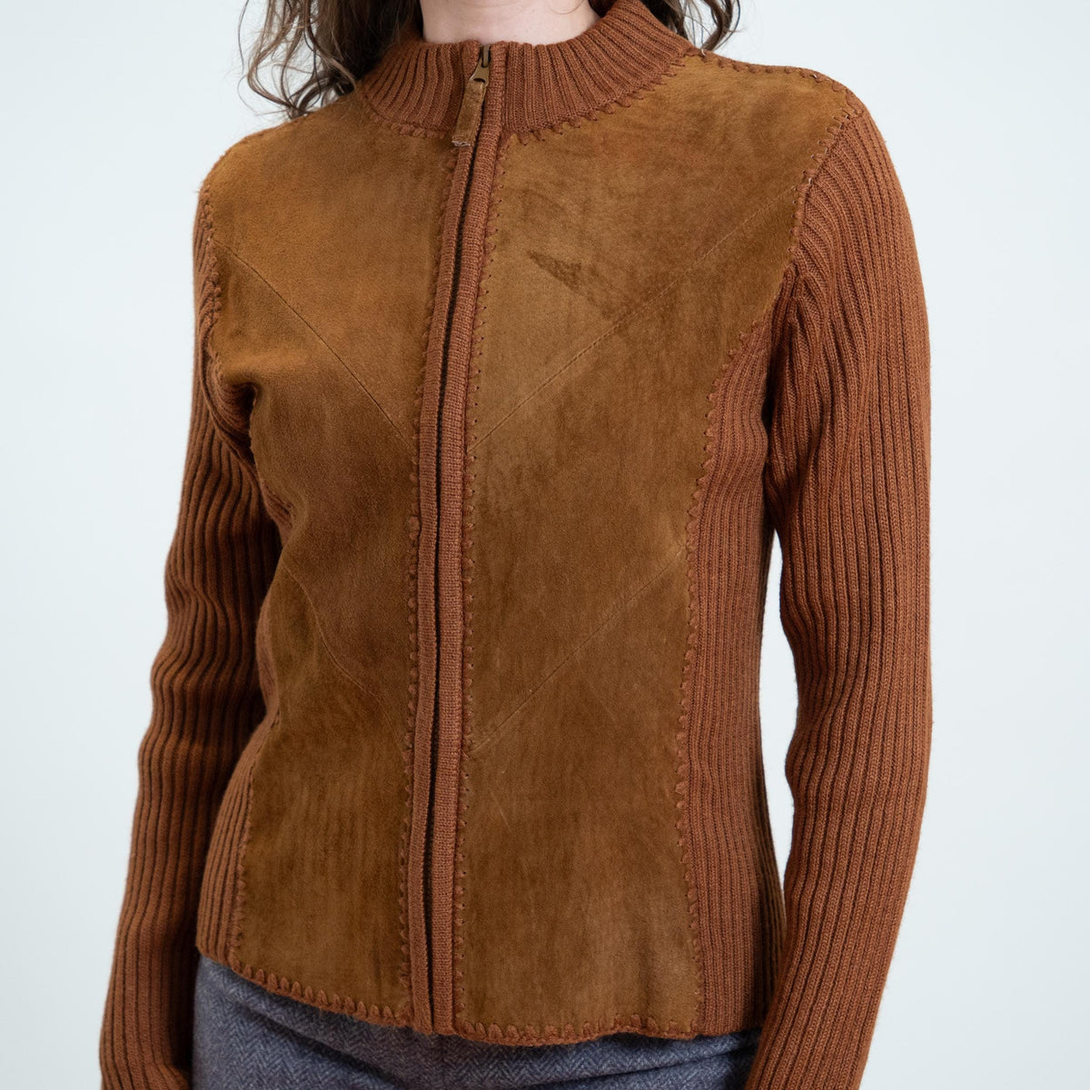 Vintage 90s Does 70s Brown Suede & Knit Cardigan - Medium | Leather Zip Up Sweater Jacket