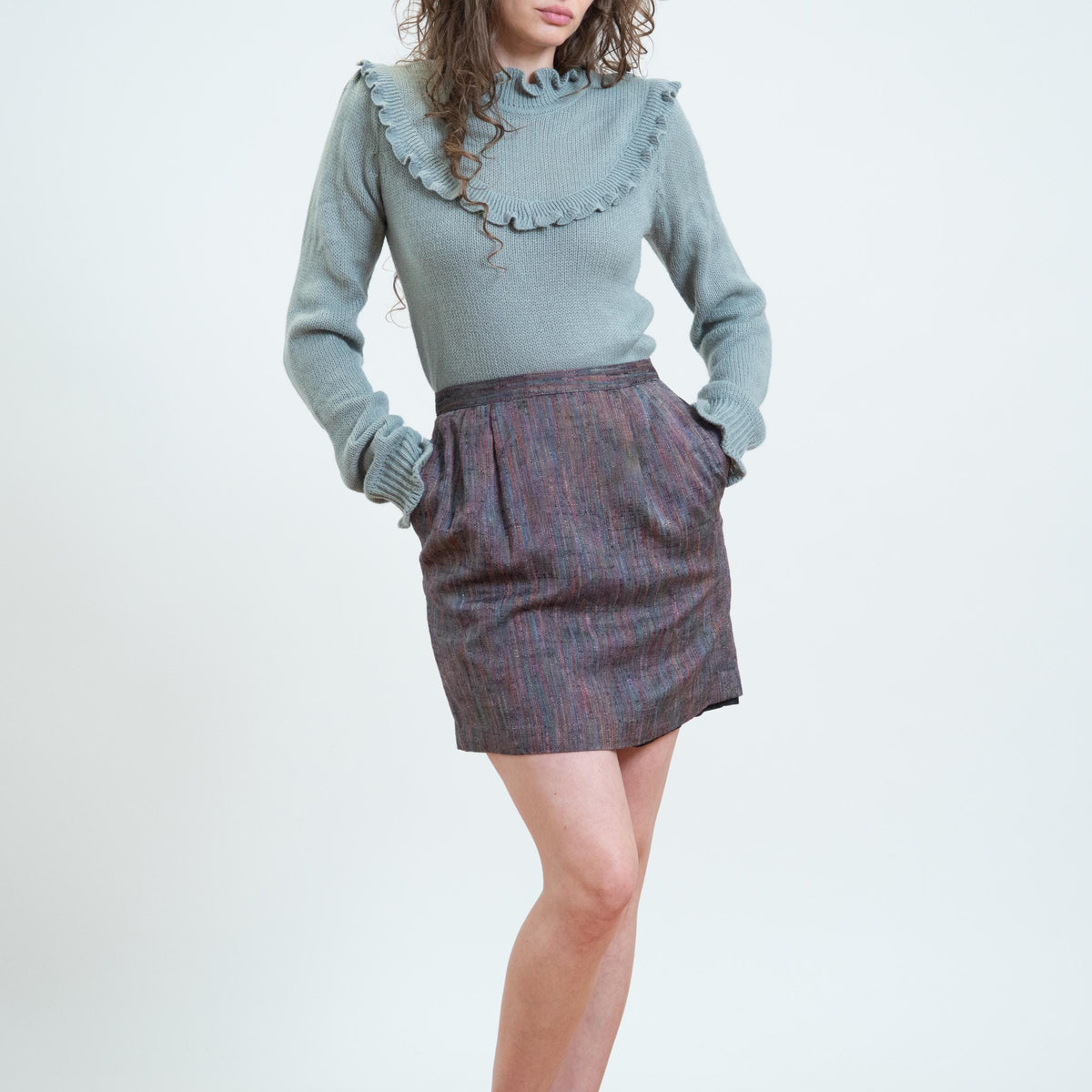 Vintage 90s Rainbow Nep Mini Skirt - Small, 27" Waist | High Waisted A Line Tweed Miniskirt