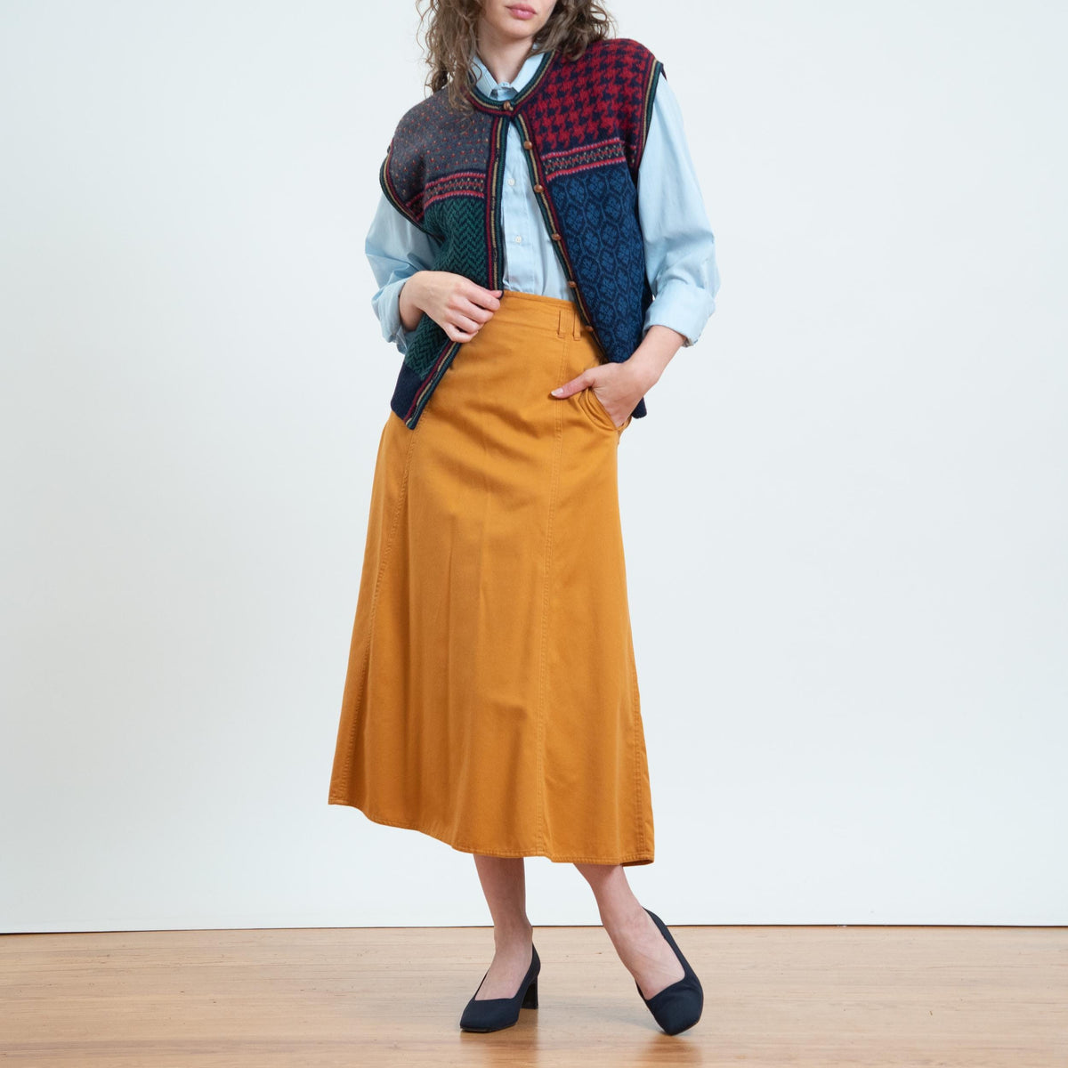 Vintage 90s Mustard A-Line Midi Skirt - Small, 27" Waist | Lizwear High Waisted Cotton Skirt