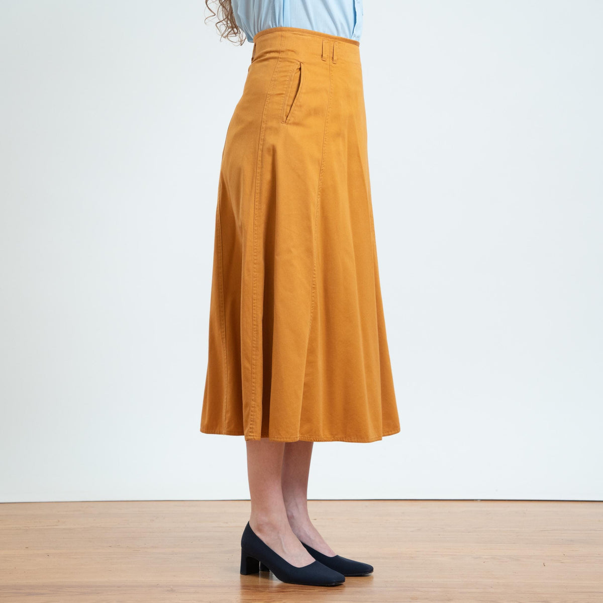 Vintage 90s Mustard A-Line Midi Skirt - Small, 27" Waist | Lizwear High Waisted Cotton Skirt